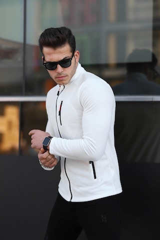 Kozik Standart Kalıp Tam Fermuarlı 3 Çepli Erkek Polar Beyaz