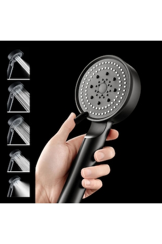 5 Fonksiyonlu El Duş Başlığı Mat Siyah Basınç Artırıcı Duş Telefonu Su Tasarruflu Duş Spreyi Siyah