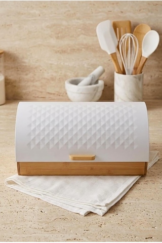 Bambu Gövdeli Beyaz Pane Ekmek Dolabı 38x25x18.5 Cm - Mekanizmalı Metal Kapaklı Ekmeklik