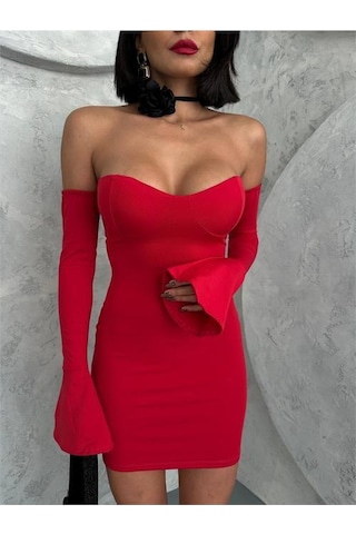 Dip Moda Kadın Kırmızı Volanlı Mini Kol Fırfırlı Elbise Dpnbdf094 Kırmızı
