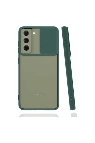 Kilifone - Galaxy S21 Fe Uyumlu - Kılıf Slayt Sürgülü Arkası Buzlu Lensi Kapak - Koyu Yeşil