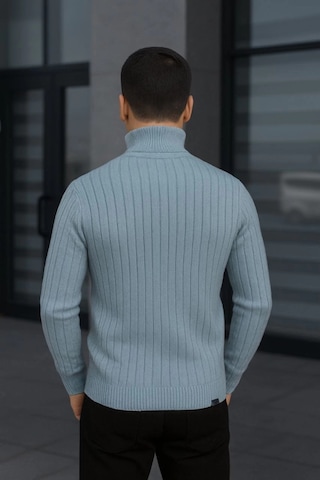 Erkek Balıkcı Yaka Bağazlı Triko Kazak Pamuklu Kalın Fitilli Dokuma, Regular Fit Uzun Kollu Kışlık Model - Bebe Mavisi Mavi