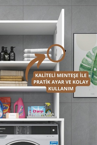 Enda Home Çamaşır Makinesi Dolabı 3 Raflı Kapaklı Banyo Dolabı Beyaz