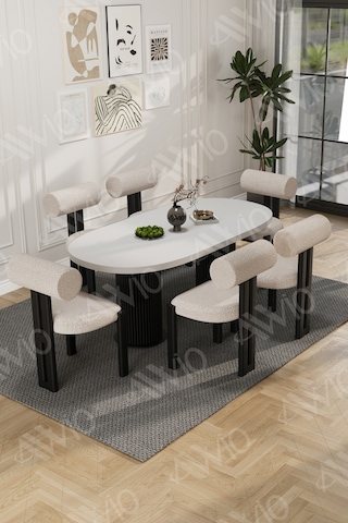 Avvio Verona Bohem Ayak 6'lı Metal Pofi Demonte Sandalye 80x160 Masa Sandalye Takımı Beyaz Masa Sandalye Siyah Kumaş Krem