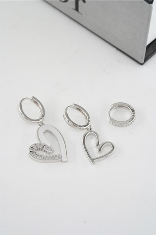 Kadın Vip Seri Zirkon Taşlı Mineli Kalp Model 3'lü Küpe Seti - Gümüş