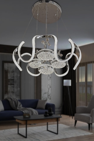 Eliza 4 Toplu Simli Slikonlu Modern Yüksek Işık Salon Led Avizesi - Kumandalı / Krom Krom