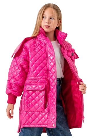 Kız Çocuk Kapitone Model Kapüşonu Çıkabilen İçi Astarlı Etek Kısmı Fermuarlı Parlak Pembe Renk Mont Pembe