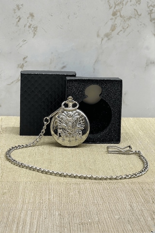 Büro Ev Ofis Hediyesi İçin Kutulu Silver Osmanlı Devlet Armalı Köstekli Saat