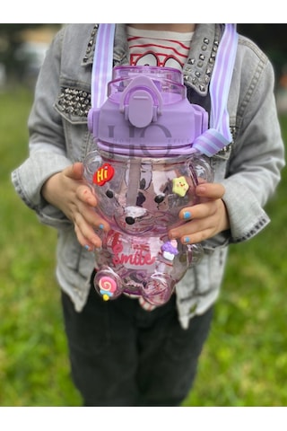 Smile Ayıcık Model Su Matarası Su Şişesi Suluk 1000ml Bpa Içermez Suluk 3d Sticker Hediye Mor Plasti Diğer