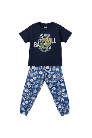 Zekids Erkek Çocuk Pamuklu Kısa Kol College Pijama Takımı-16061 Lacivert