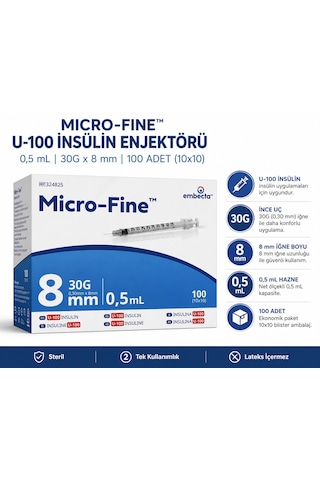 Embecta Micro-fine U-100 0,5 Ml 30g 8 Mm İnsülin Enjektörü 100 Adet