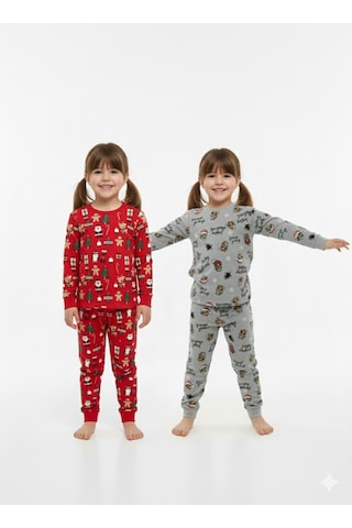 Kız Çocuk Hayvan Desenli Ve Kış Desenli 2'li Pijama Takımı Çok Renkli