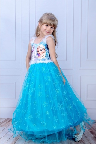 Uzun Elsa Kasnaklı Kız Çocuk Parti Elbisesi