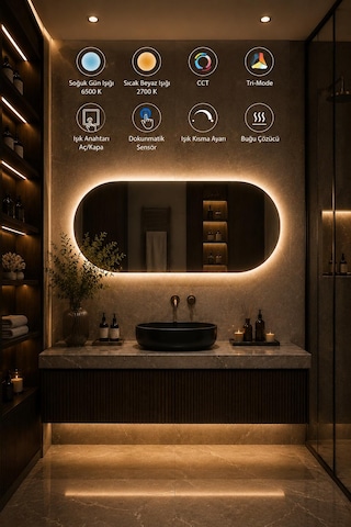 Albus Home Terra 50x100 Led Aydınlatmalı Dekoratif Banyo Aynası Dokunmatik Buğu Önleyici Çerçevesiz Cam