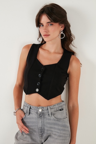 Lela Slim Fit Kalp Yaka Düğmeli Kalın Askılı Crop Bayan Yelek 5865497 Siyah