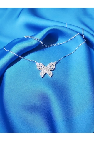 Lunafly 925 Ayar Gümüş Parlak Işıltılı Taşlı Kelebek Kadın Kolye Ort. Gümüş