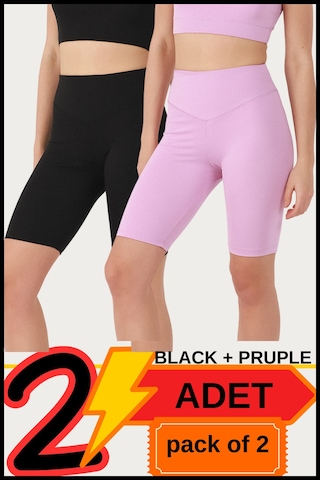 Kadın Yüksek Bel Toparlayıcı Kısa Siyah & Lila Şort Tayt 2'li Paket Lycralı Biker Shorts 21070 Siyah - Lila