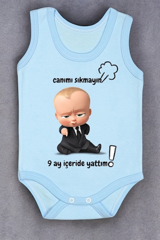 Bebetospik %100 Pamuk 9 Ay İçeride Yattım Baskılı Zıbın & Body Mavi