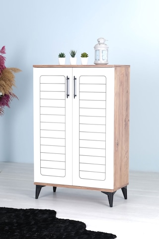 Luna 2 Kapaklı 4 Bölmeli Modern Ayakkabılık - Beyaz / Çam Desenli