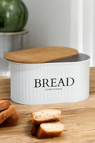 Ahşap Kapaklı Metal Ekmeklik Beyaz Modern Tasarım Beyaz