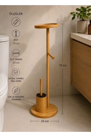 Morponi Ahşap Bambu Çok Amaçlı Tuvalet Kağıdı Askısı, Yedekli Stand Ve Banyo Fırçalık Seti Yuvarlak Gri