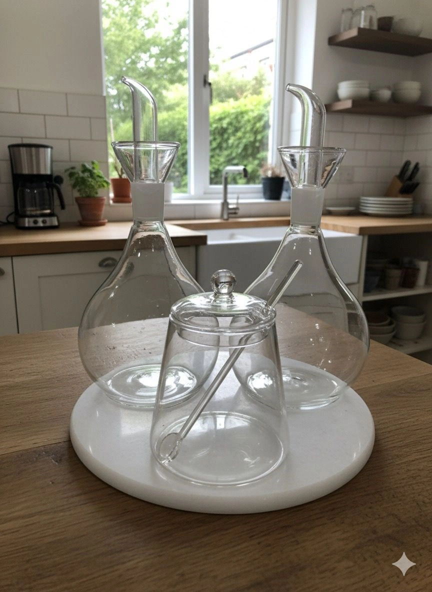 Morponi 3'lü Cam Yağlık Ve Tuzluk Seti Mermer Altlıklı Şık Sunum Tombul Düz Cam Yağdanlık Set Şeffaf