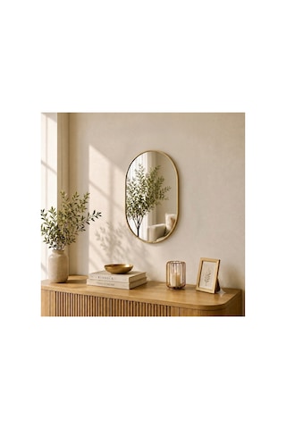 Gold Çerçeveli Dekoratif Duvar Aynası, 30 Cm, Gold Asma İpli Modern Salon Banyo Antre Makyaj Aynası Altın