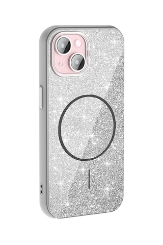 Apple Uyumlu iPhone 15 Kılıf Magsafe Şarj Özellikli Parlayan Simli Okso Kılıf Beyaz