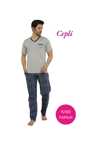Alimer Erkek V Yaka Ekose Desen %100 Pamuk Kısa Kol Cepli Pijama Takımı Gri