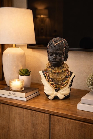 Afrikalı Kadın Büst Biblo 36 Cm Etnik Salon Dekorasyonu, Afrika Temalı Dekoratif Heykel, Konsol Ve Şömine Üstü Dekor Objesi