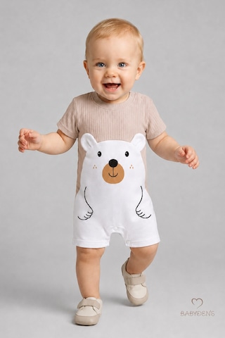 Babyden's Erkek Bebek Ayıcık Baskılı Kısa Kollu %100 Pamuk Yazlık Bebek Tulumu Yenidoğan Günlük Tulum 0-9 Ay Bej