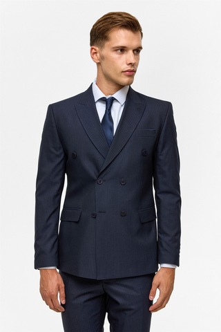 Süvari Lacivert Slim Çizgili Kruvaze Yaka 6 Drop Takım Elbise-38746 Lacivert