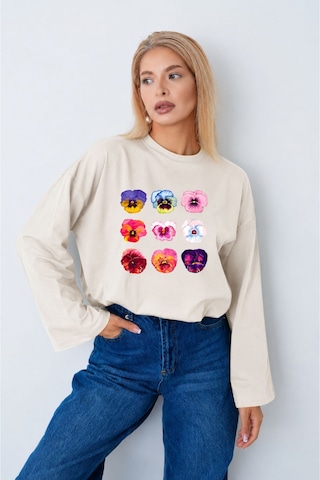Herkesemoda Çiçek Baskılı Tesettüre Uygun Uzun Kollu Body Ekru