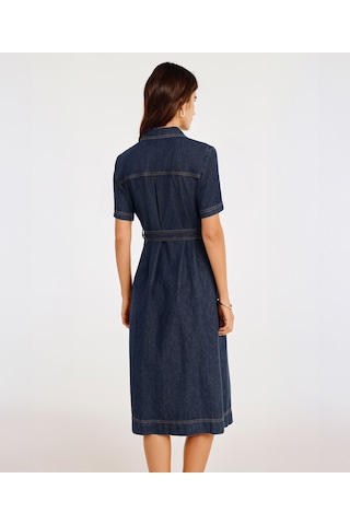 Yargıcı Kemerli Kısa Kollu Midi Boy Denim Elbise 25ykel7006x 515 Mavi