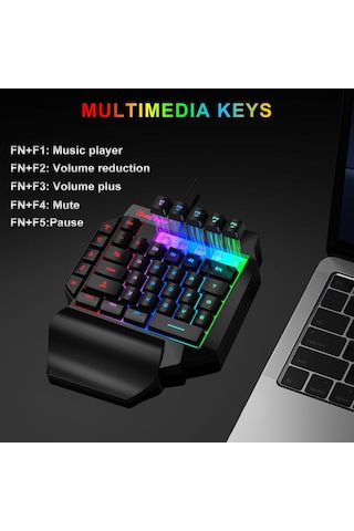 Tek El Rgb Oyun Klavyesi, Usb Kablolu Gökkuşağı Harfleri Parlayan Tek El Klavyesi Bilek Desteği Multimedya Tuşlar