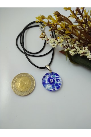 Cam Harf Kolye – Handmade El Yapimi Murano– (R) Harfi Modeli Gümüş