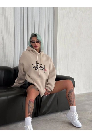 Mbb E-ticaret Kadın Oversize Kapüşonlu Cepli Baskılı 3 İplik Pamuklu Hoodie Sweatshirt - Bej