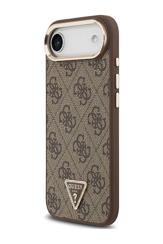 Apple Uyumlu iPhone 17 Air Kılıf Guess Lisanslı M-safe Şarjlı Gold Metal Kamera Çerçeveli Taşlı Üçgen Logo Kahve
