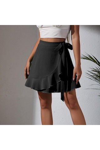 Yaz Kravat Yüksek Bel Düz Renk Fırfırlı Kısa Yarım Vücut Etek Bej