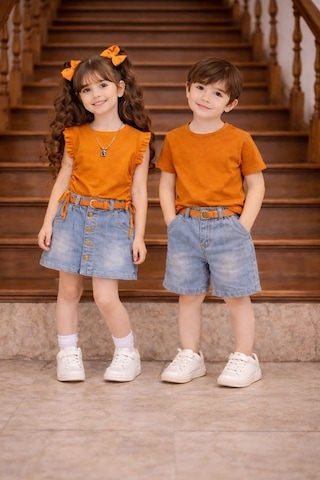 Sy Store Kardeş Kombin Erkek Çocuk Kot Şortlu Takım Sadece Erkek Takım Turuncu