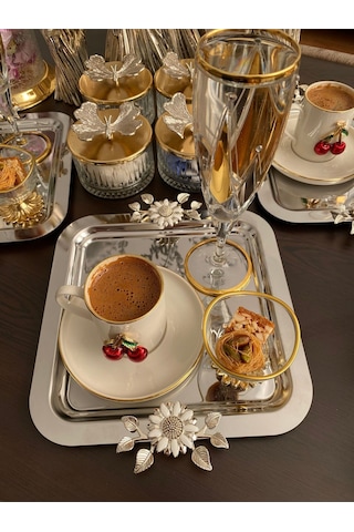 Atabey Home Collection 6'lı Kahve & Çay & Sunum Tepsisi Çelik Gümüş Tepsi Papatya Model