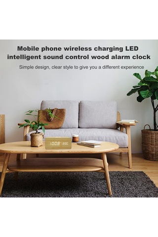 Springsun Ahşap Kasa Led Akıllı Alarm Saat - Kablosuz Şarj, Ses Kontrol, 3 Alarm, Zaman/tarih/sıcaklık Gösterimi, Parlaklık Ayarlama