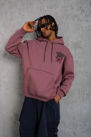Novalisse Erkek 3 İplik Pamuklu Kapüşonlu Baskılı Cepli Oversize Sweatshirt Hoodie - Gül Kurusu Çoklu Renk