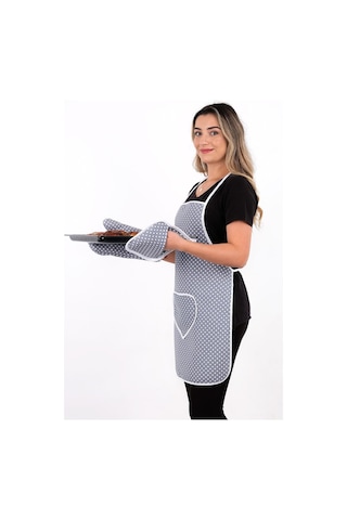 Trendy 3lü Set Sıvı Su Geçirmez Mutfak Önlüğü Isıya Dayanıklı Fırın Eldiveni Ve Tutacak Çeyiz Seti Puanlı Gri Gri Puantiye