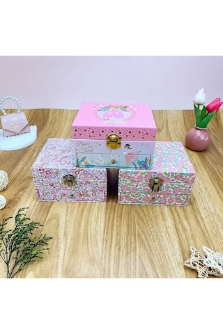 Willowhaven Pembe Çiçek Desenli Dönen Balerin Müzikli Çift Çekmeceli Takı Kutusu