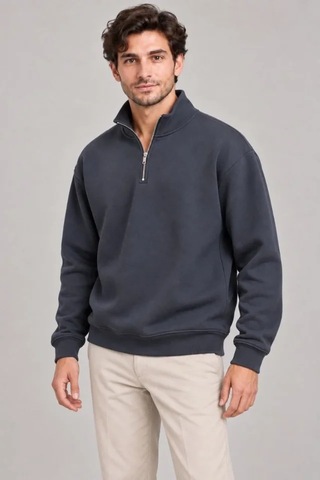 Suma Erkek Füme Dik Yaka Yarım Fermuarlı Şardonlu Kışlık Sweatshirt
