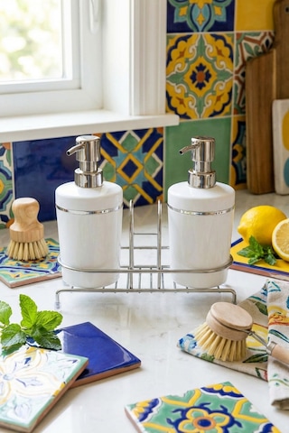 Makri Home Metal Stantlı Süngerlikli 2 Li Akrilik Sıvı Sabunluk / Bulaşık Deterjanlık - Beyaz Beyaz