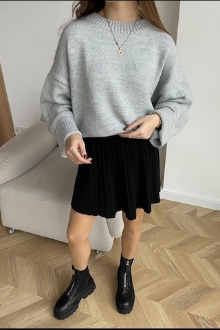 Gri Bisiklet Yaka Oversize Triko Kazak Mg1972 Gri