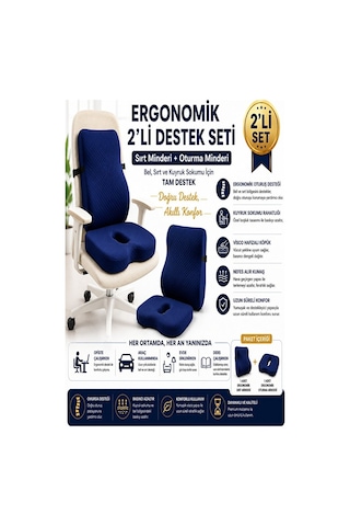 Ortopedik Sırt Ve Oturma Minderi Seti Bel, Sırt Ve Kuyruk Sokumu İçin Ergonomik Visco Destek Lacivert