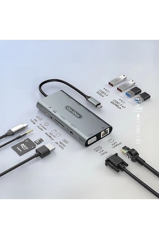 Go Des Gd-6907 11 İn 1 Type-c Hub Sd Kart-rj45-hdmı-vga-usb Çoğaltıcı Gri Gri